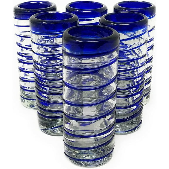 Hand Blown Mexican Tequila Shot Glasses – Set of 6 Blue Spiral Shot Glasses 2 oz