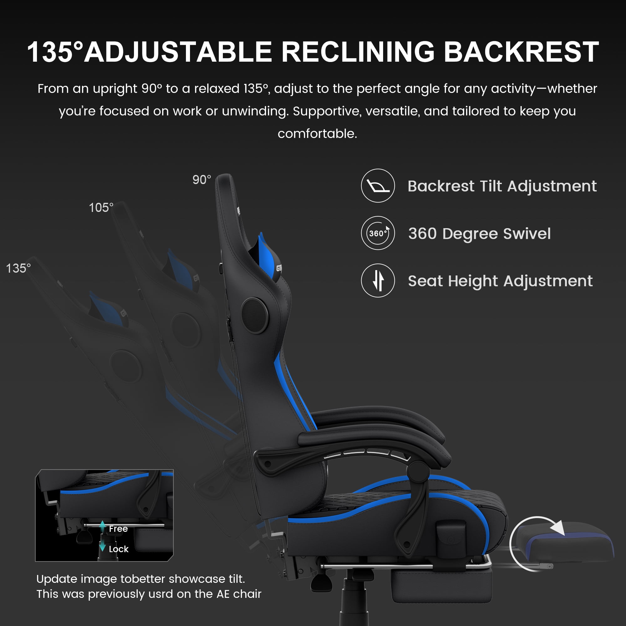 GTRACING GTW-100 Reclining Gaming Chair with Bluetooth, Adjustable Pillows and Footrest, Blue