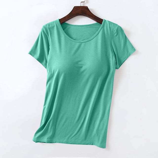 Soldes Aujourd'hui Liquidation Miqool T-Shirts Modaux Rembourrés avec Soutien-Gorge Intégré Manches Courtes Col Rond Légers Extensibles Sans Couture Couche de Base
