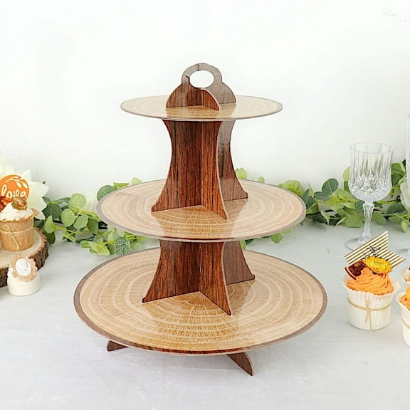 BalsaCircle 14" Natural 3 Tier Cardboard Dessert Stand Wooden Print Cupcake Display Tower Party Decorations