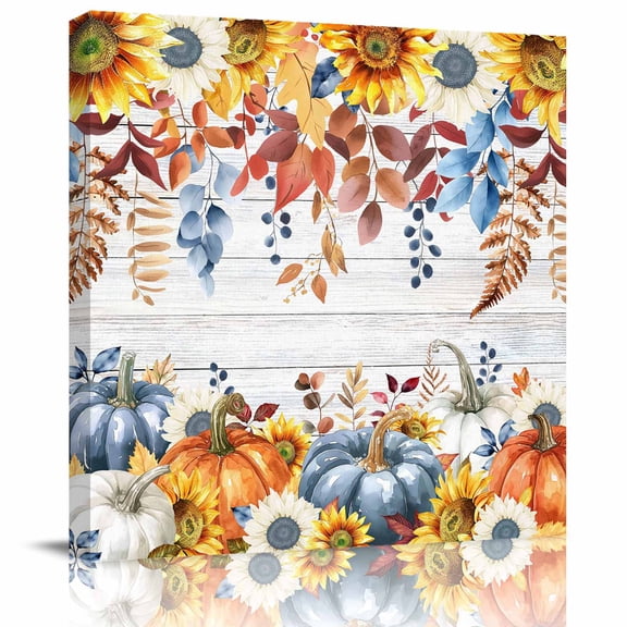 Wall Art Prints, Fall Thanksgiving Framed Canvas Prints for Bedroom Living Room Bathroom Office, Orange Blue Pumpkin Eucalyptus Sunflower Gallery Wrap Wall Art Poster for Gifts Home Decor 28"x28"