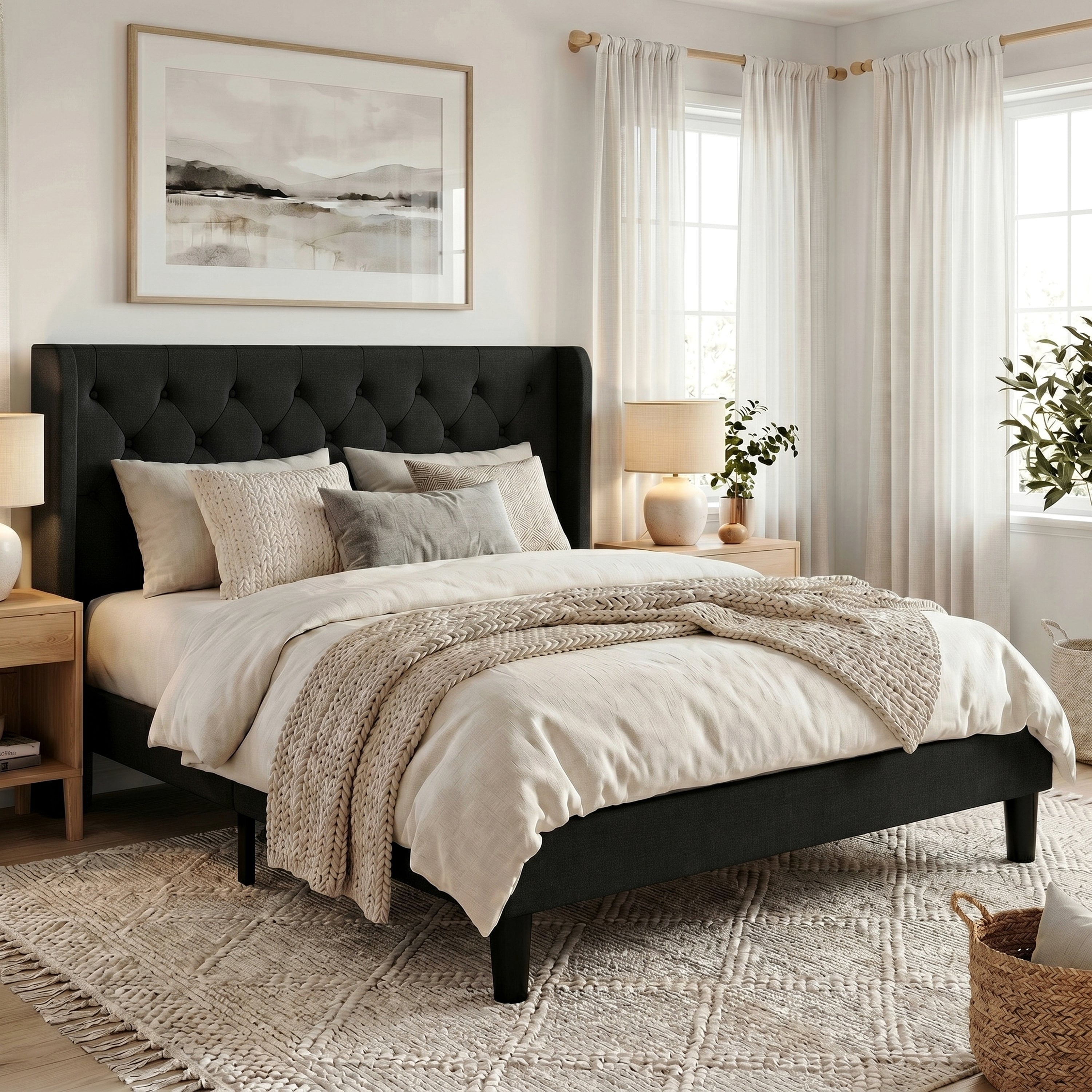 Amolife Full Size Upholstered Platform Bed Frame with Fabric Diamond Deluxe Wingback Headboard, Black