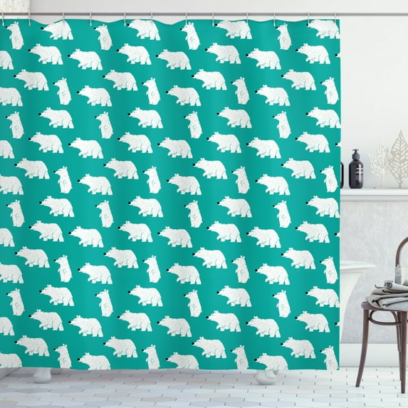 Bear Shower Curtain, Polar Bear in Various Funny Poses Arctic Circle Wild Nordic Illustration, Fabric Bathroom Set with Hooks, 69W X 84L Inches Extra Long, Teal White and Black, by Ambesonne