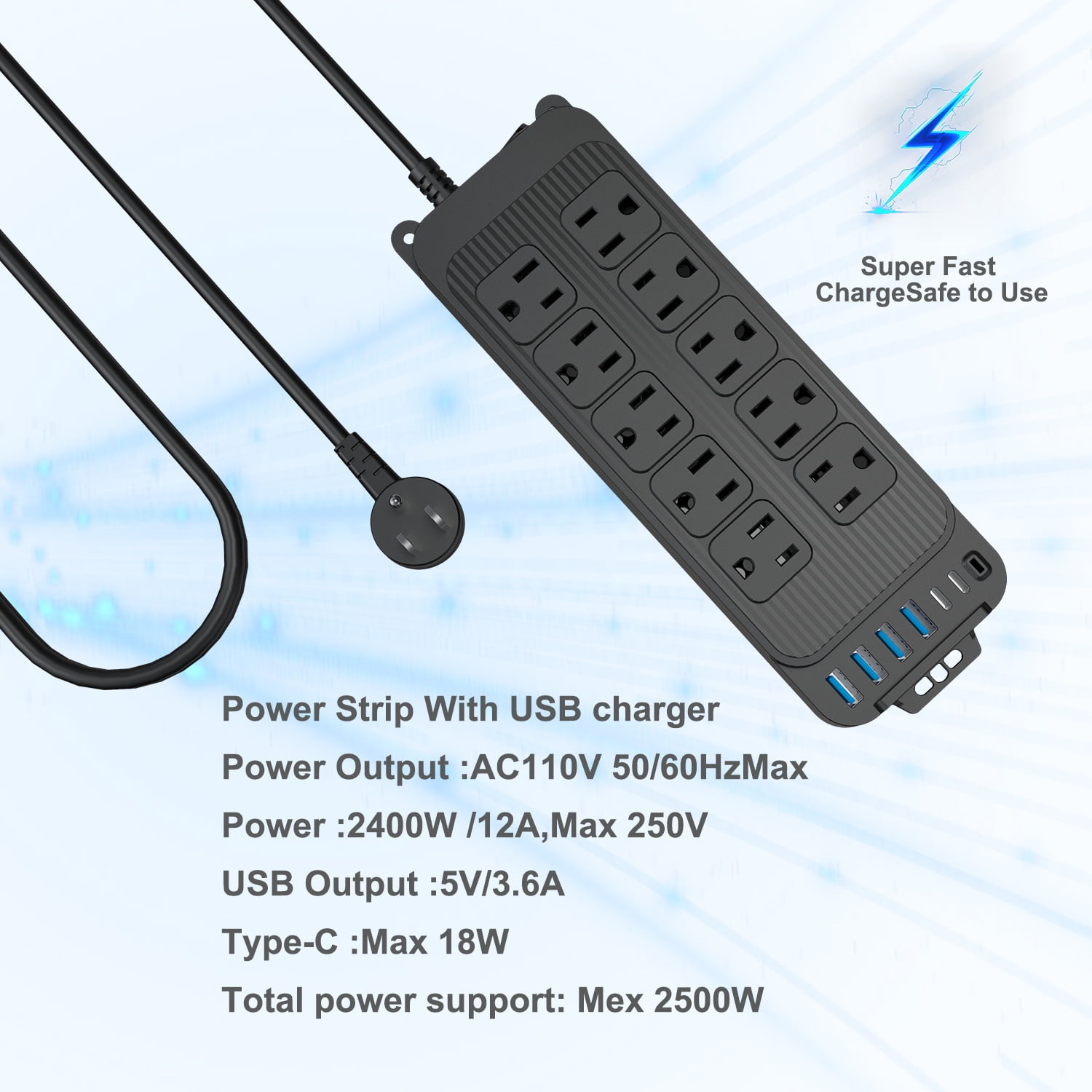 16-in-1 Surge Protector Power Strip with 10 Outlets & 6 USB Ports (2 USB-C), 4ft Thin Flat Extension Cord for Home, Office, TravelHome, Office, Travel