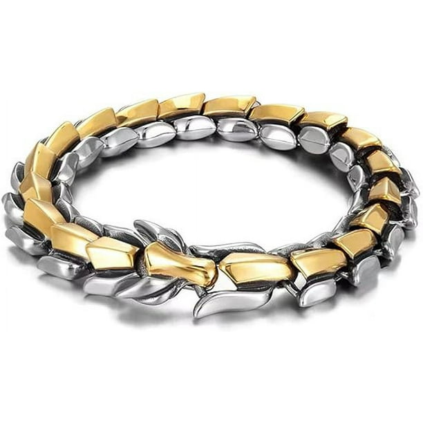 Pulsera de cadena de eslabones de dragón,Pulsera de hombre de estilo vintage, Pulsera de oro con personalidad Accesorios de joyería gruesa de quilla,Plata punk hip-hop para hombre
