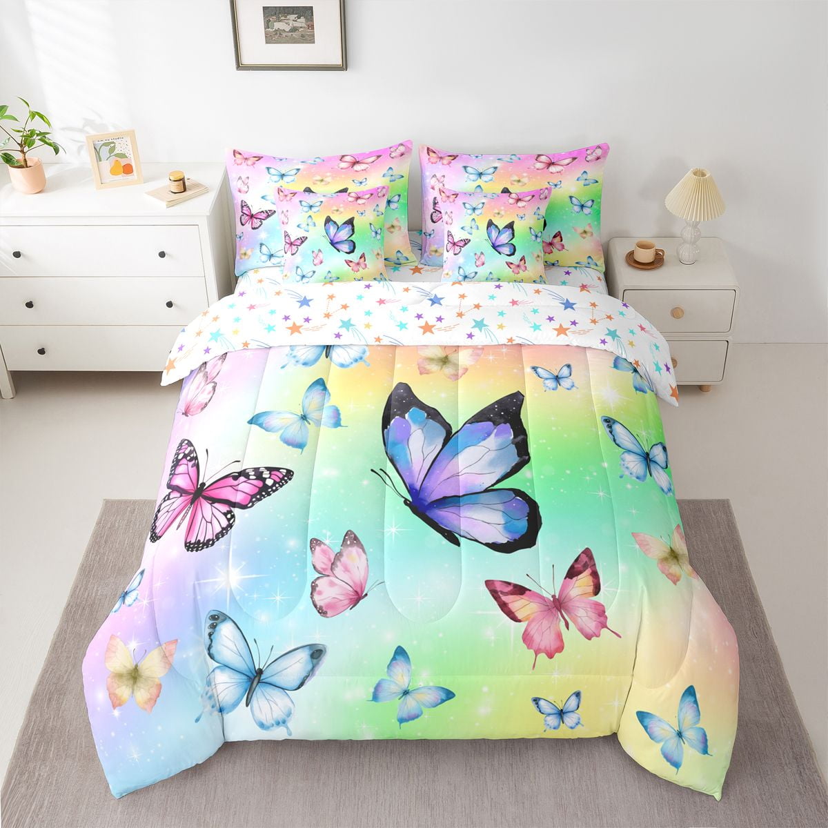 Homewish Colorful Butterflies 7-Piece Bedding Comforter Set For Children Kids Teens,Dreamy Princess King Bedding Sets,Abstract Gradient Ombre Ultra Soft Bed Sheets,Luxury Bedroom Decor,Reversible