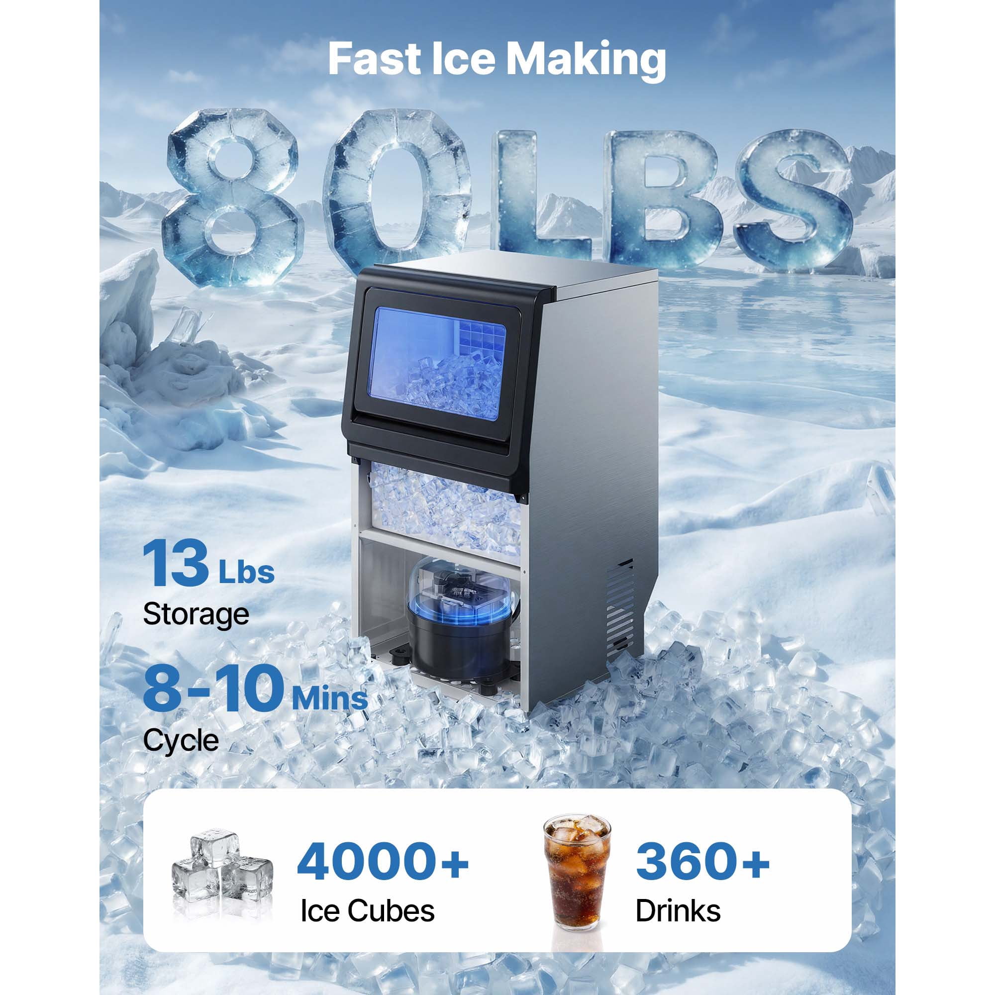 KFFKFF Commercial Ice Maker Machine, 80 lbs/24h Output with 13 lbs Storage, Countertop/Freestanding/Under Counter Design, Stainless Steel Ice Maker with LED Display & Self-Cleaning Function