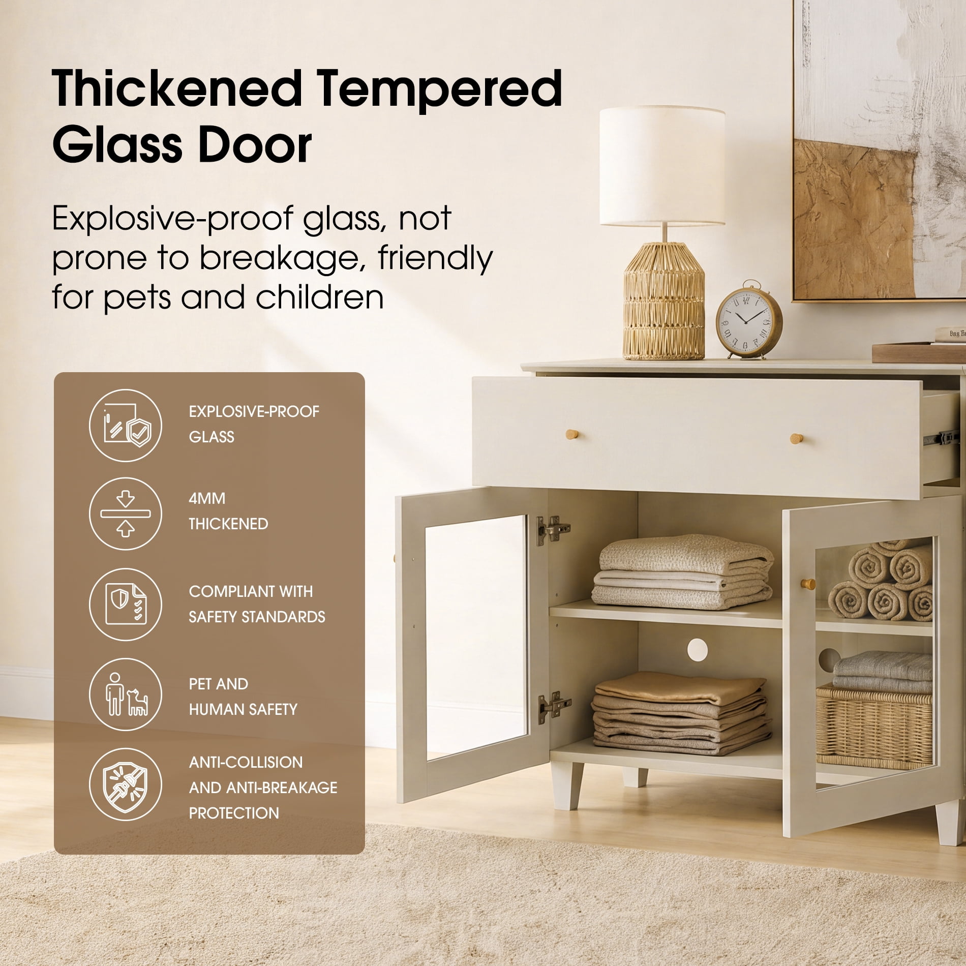 Large Bedroom Nightstand with Glass Doors, Tall Bedside Table with Drawer, Shelf and Cable Management, Beige