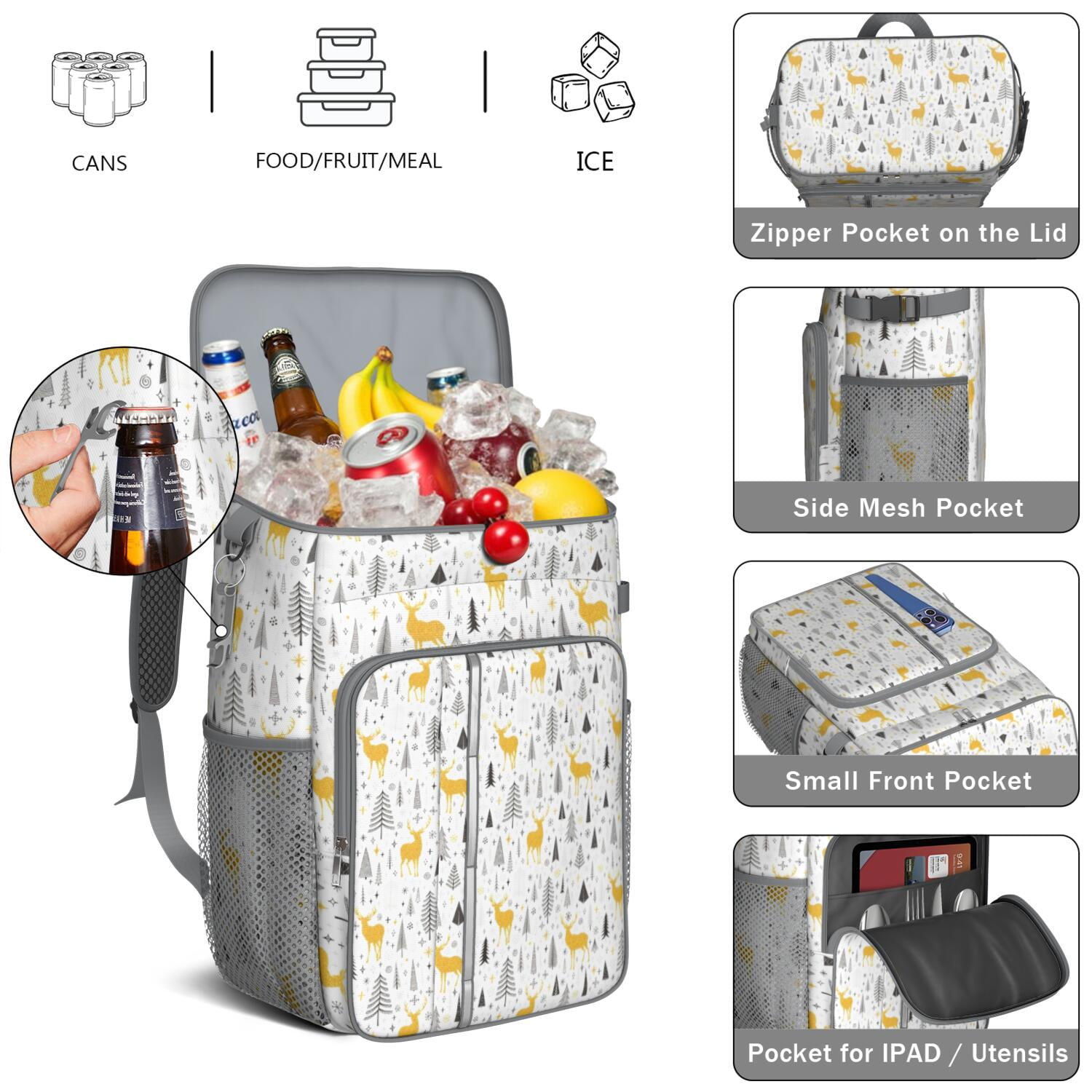 Travel Cooler Bag - Multicolor Christmas Pattern Camping Beer Cooler Backpack with Bottle Opener- Waterproof Insulated Picnic Backpacks - Cooler Bag for Beach