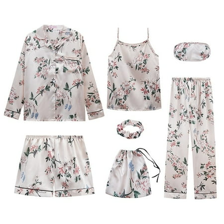 

PIKADINGNIS Spring Summer Autumn 7 Pcs Silk Pajamas Women Home Clothes stripe Shorts Long Sleeve Top Elastic Waist Pants Lounge Sleepwear