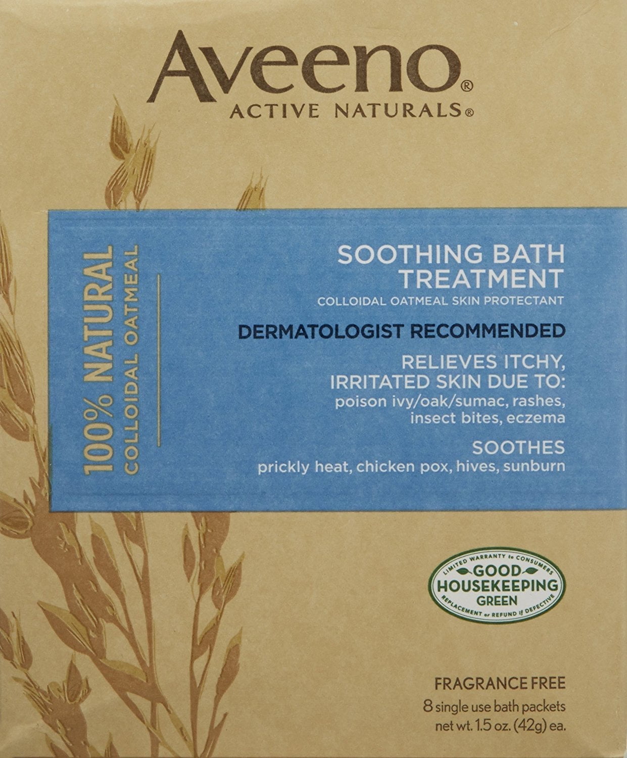 Aveeno Active Naturals Soothing Bath Treatment Packets, Fragrance Free, 1.5 oz, 8 Ct (1 Pack)