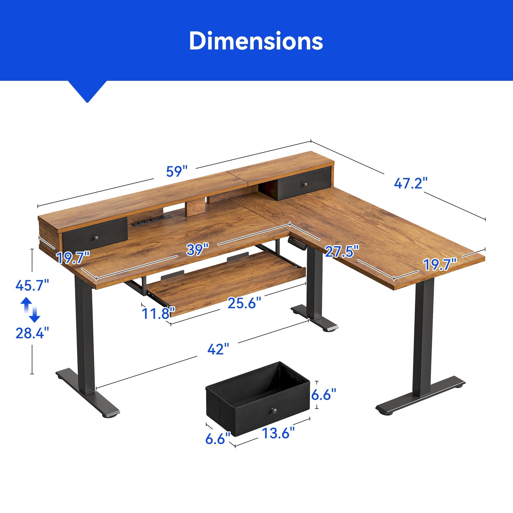 L-Shaped Electric Standing Desk, Height Adjustable Corner Desk with Fabric Drawers, Computer Desk with Monitor Shelf & Keyboard Tray, 3 Power Outlets & 2 USB Ports, Black