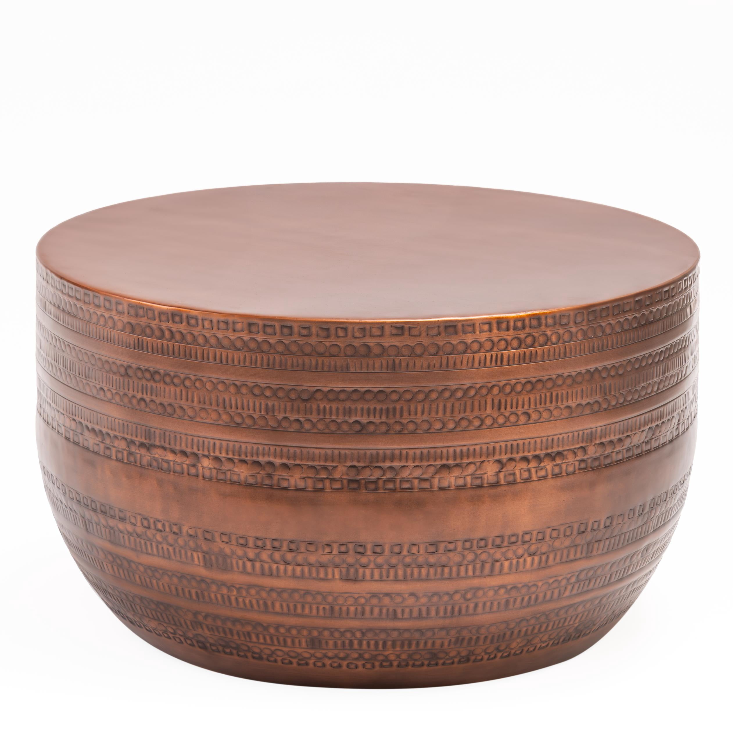 Modern Round Aluminum Hammered Embossed Texturing Metal Drum Coffee Table, Hand-Stamped Iron, Boho Accent Cylinder Drum Coffee Table, Cocktail Table, Copper