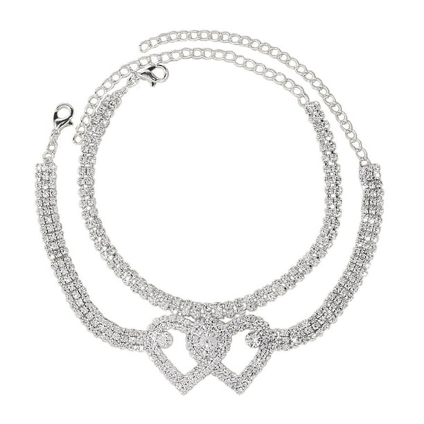Tobilleras con doble corazón para mujer, tobilleras con cadena brillante de strass para mujer y niña