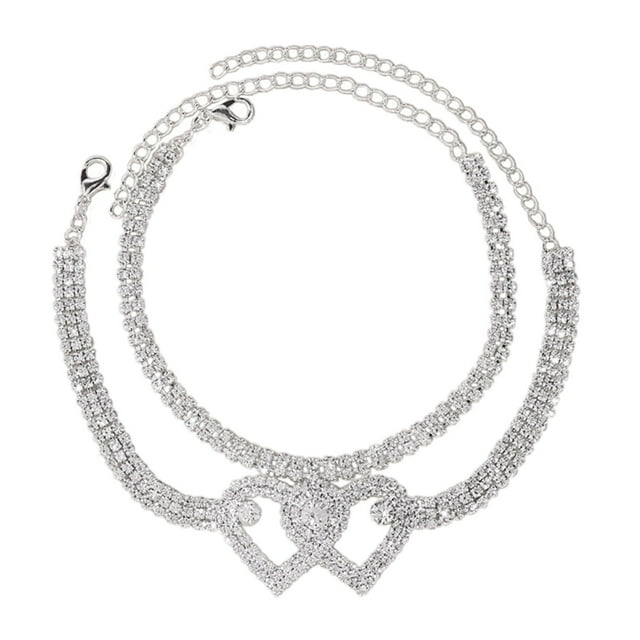 Tobilleras con doble corazón para mujer, tobilleras con cadena brillante de strass para mujer y niña