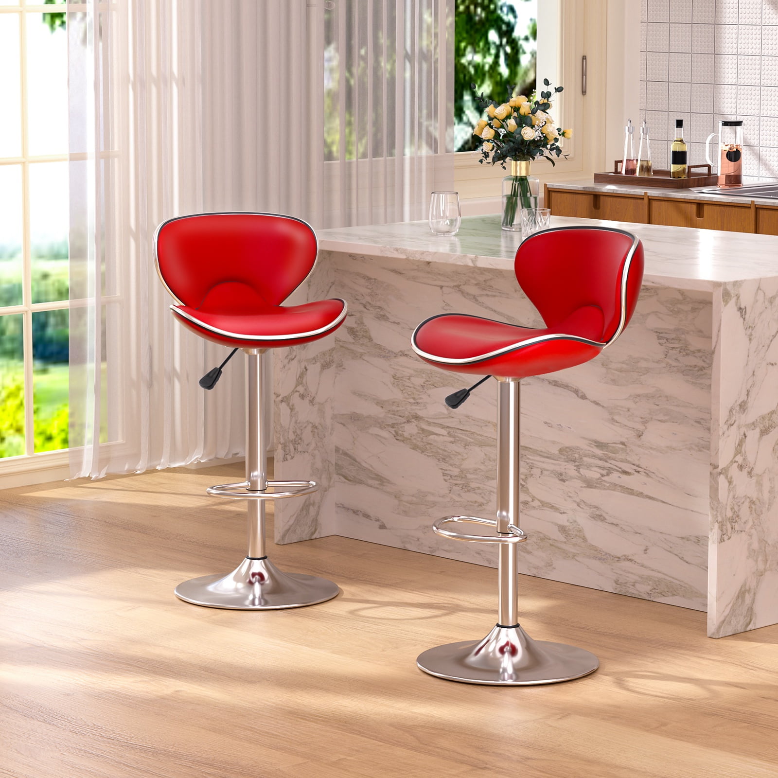 Adjustable Swivel Bar Stools Set of 2 , Modern PU Leather Upholstered Bar Chairs with Chrome Base for Kitchen Island, Dining Room, Pub, Counter (Red)