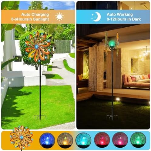 Wind Spinners for Yard and Garden - Wind Sculptures & Spinners 75 in Garden Kinetic Art with Solar Powered Multi-Color Glass Ball Light - Gradient Brown