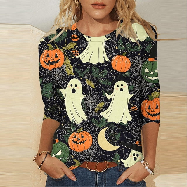Heisall Womens Hoodies Halloween Print Round Neck 3/4 Sleeve Loose Fit Tshirts 2025 New Arrival Fashion Tops