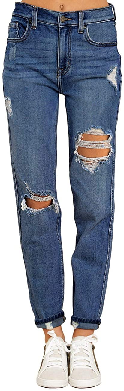 Vetinee Women's High Rise Destroyed Boyfriend Jeans Washed Distressed Ripped Denim Pants 