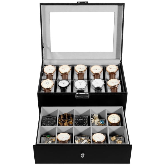 Vowella 20-Slot Luxury Watch Box with Jewelry Storage Drawer, 2-Layer PU Leather Display Case with Glass Top & Velvet Lining, Black