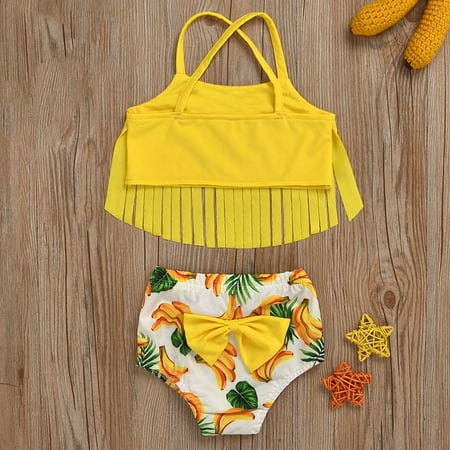 

Act Now！ Protect Your Little Swimmer with UV-Resistant Swimwear HIMIWAY Trendy Kids Swimsuits Toddler Kids Baby Girls Tassel Print Strap Swimsuit Beach Swimwear Bikini Set Yellow 110