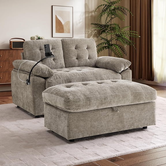VEPXXP 56" Double Sofa Recliner - Modern Chenille Fabric Loveseat with Manual Adjustable Backrest for Living Room Small Space Compact Theater Couch - Brown