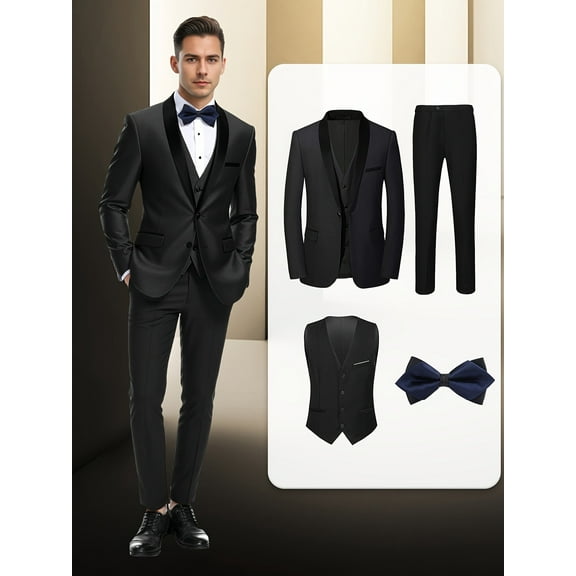[4pcs Tuxedo Suit] 4pcs Men's Tuxedo Suit | Single Breasted One Button Vest Pants Bow Tie Shawl Collar Flap Pockets for Wedding Party Groom Groomsmen Formal Attire
