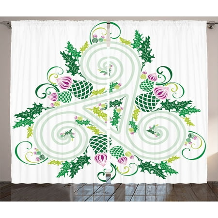 - Celtic Decor Curtains 2 Panels Set, Three Legged Macro Single Celtic Form with Curved Lines Extending Centre Print, Window Drapes for Living Room Bedroom, 108W X 84L Inches, Green Pink, by Ambesonne