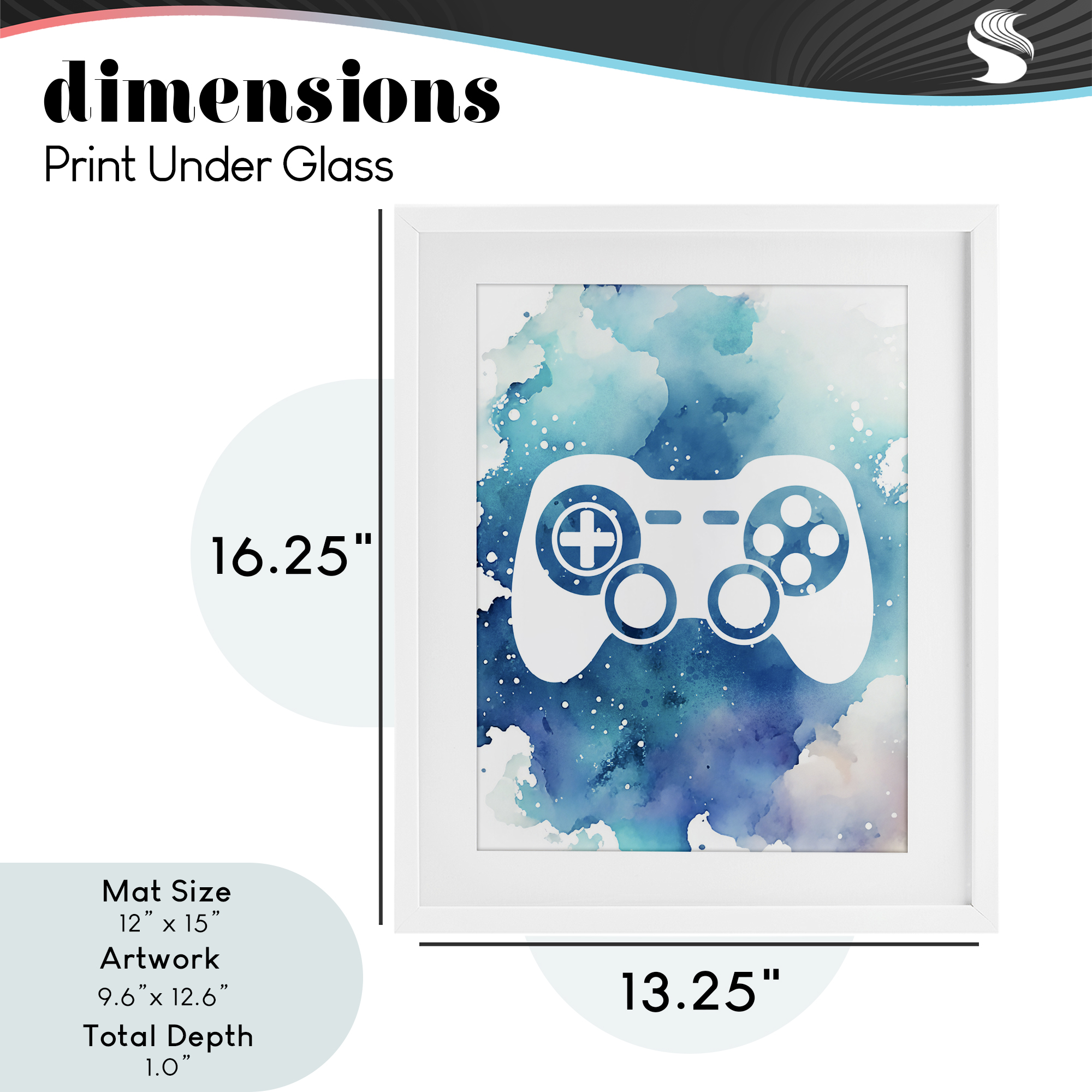 Blue Controller Splatter White Framed Print Under Glass, design by Marcus Prime