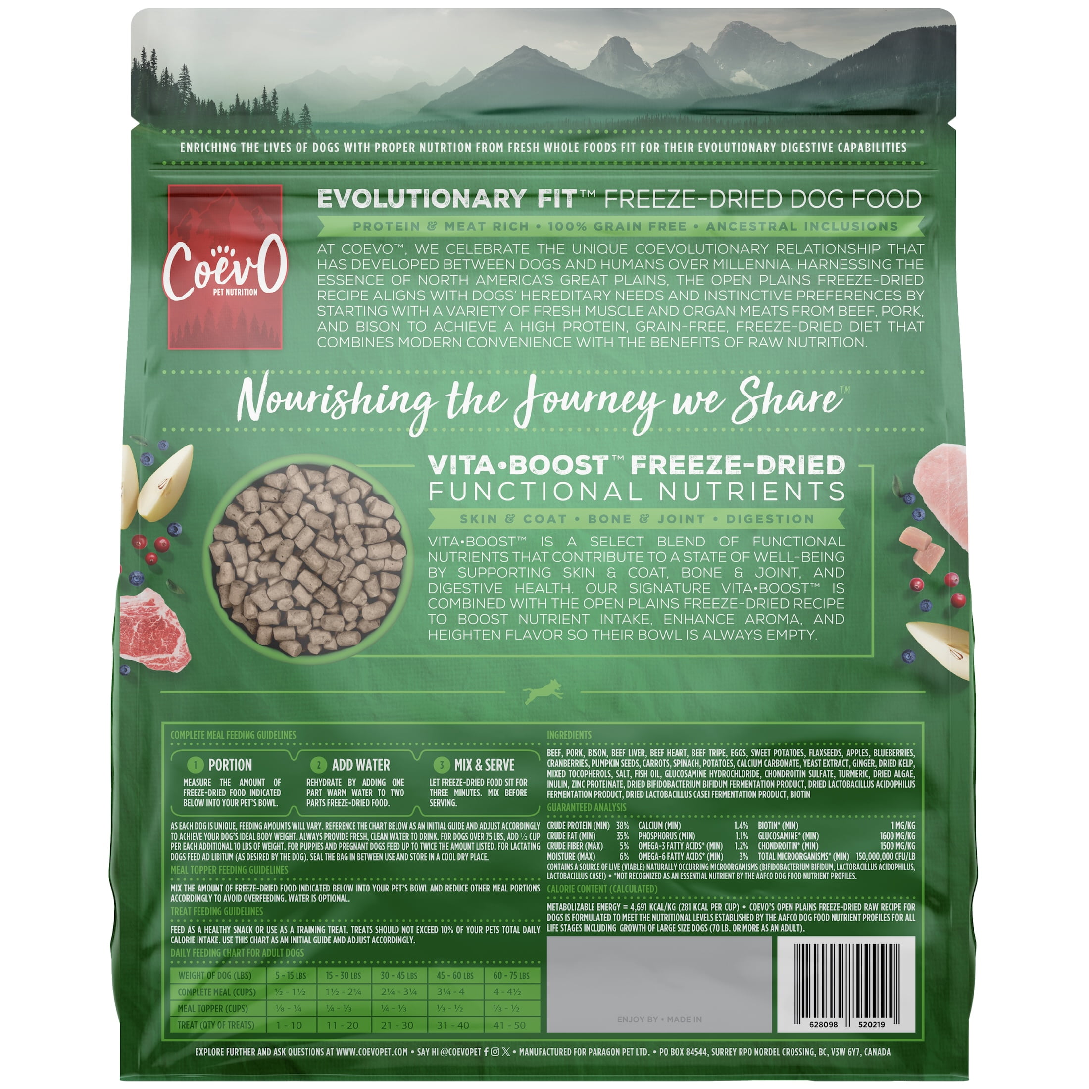COEVO | Freeze-Dried Raw Open Plains Beef, Pork, & Bison Recipe for Dogs • 1lb / 454g | Skin & Coat, Bone & Joint, and Digestive Support | High Protein Grain Free Dry Dog Food