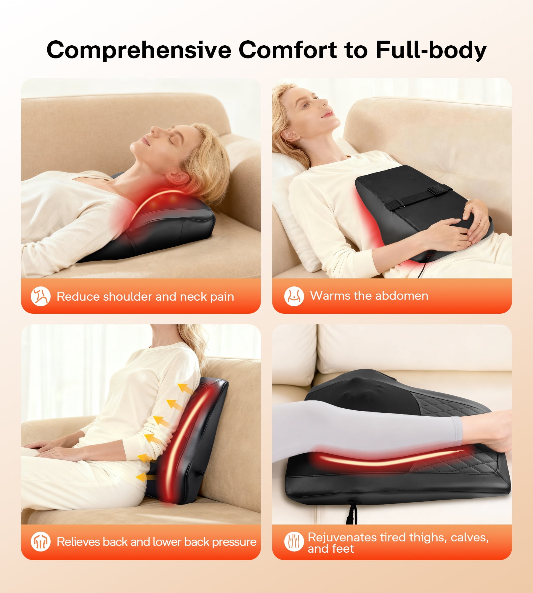 ALLJOY Lumbar Support Massager Pillow with Heat, Back Massager for Pain Relief, Neck Massger, 3 Heating Levels & 4 Mode & 3 Intensities, Christmas&Birthday Gifts for Women Men