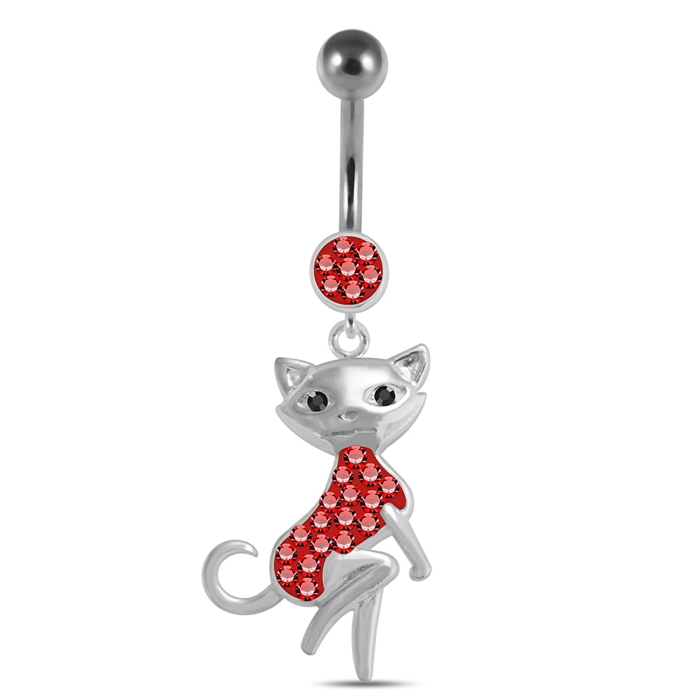 Red Multi Crystal Stones Sexy Cat Dangling 925 Sterling Silver Belly Button Ring Piercing Jewelry