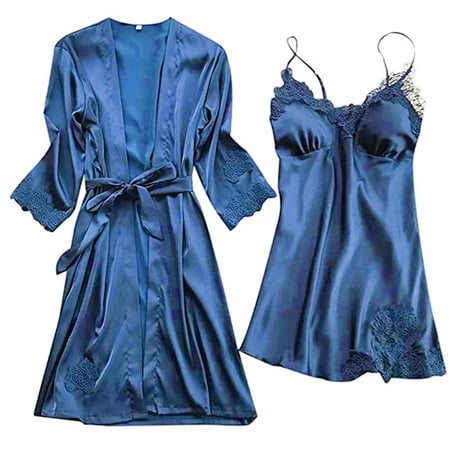 Odeerbi Women s Lingerie Dress Set 2025 Valentine s Day Lingerie Silk Lace Robe Dress Nightdress Sleepwear Kimono Set Navy