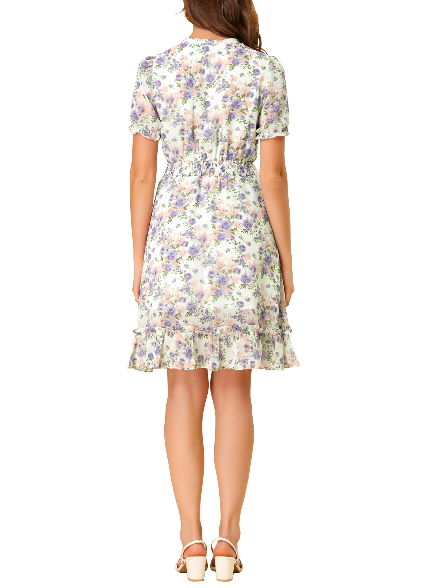 Unique Bargains Juniors Floral Ruffle Hem Short Sleeve A-Line Smocked Chiffon Dress