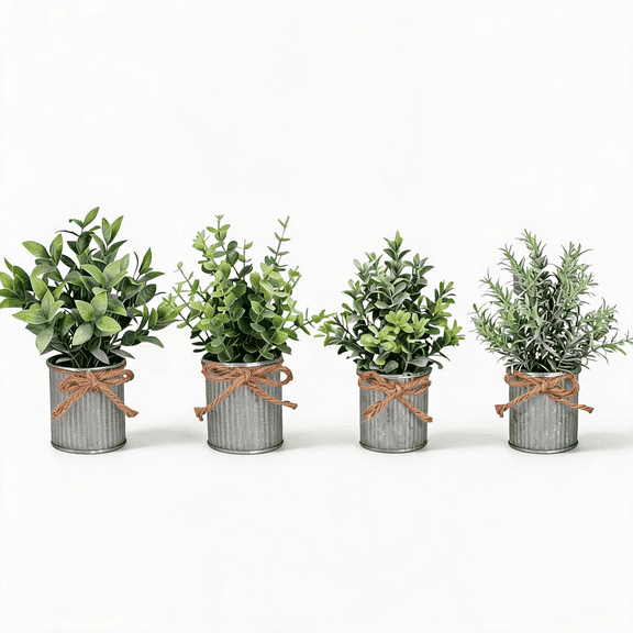 4 Pack 8.26 In Small Fake Plants in Galvanized Pots, Faux Potted Greenery for Home Cubicle Decor