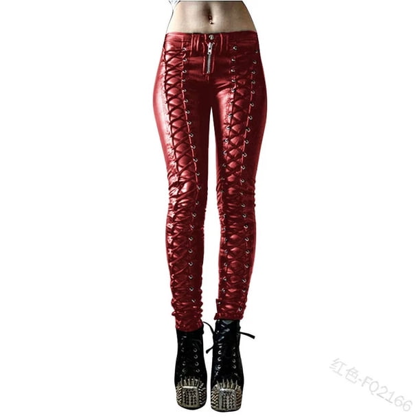 Disfraz de Steampunk para mujer, pantalones de pirata renacentistas medievales Retro, pantalones de lápiz con remaches de cuero y cordones, pantalones ajustados, ropa de calle