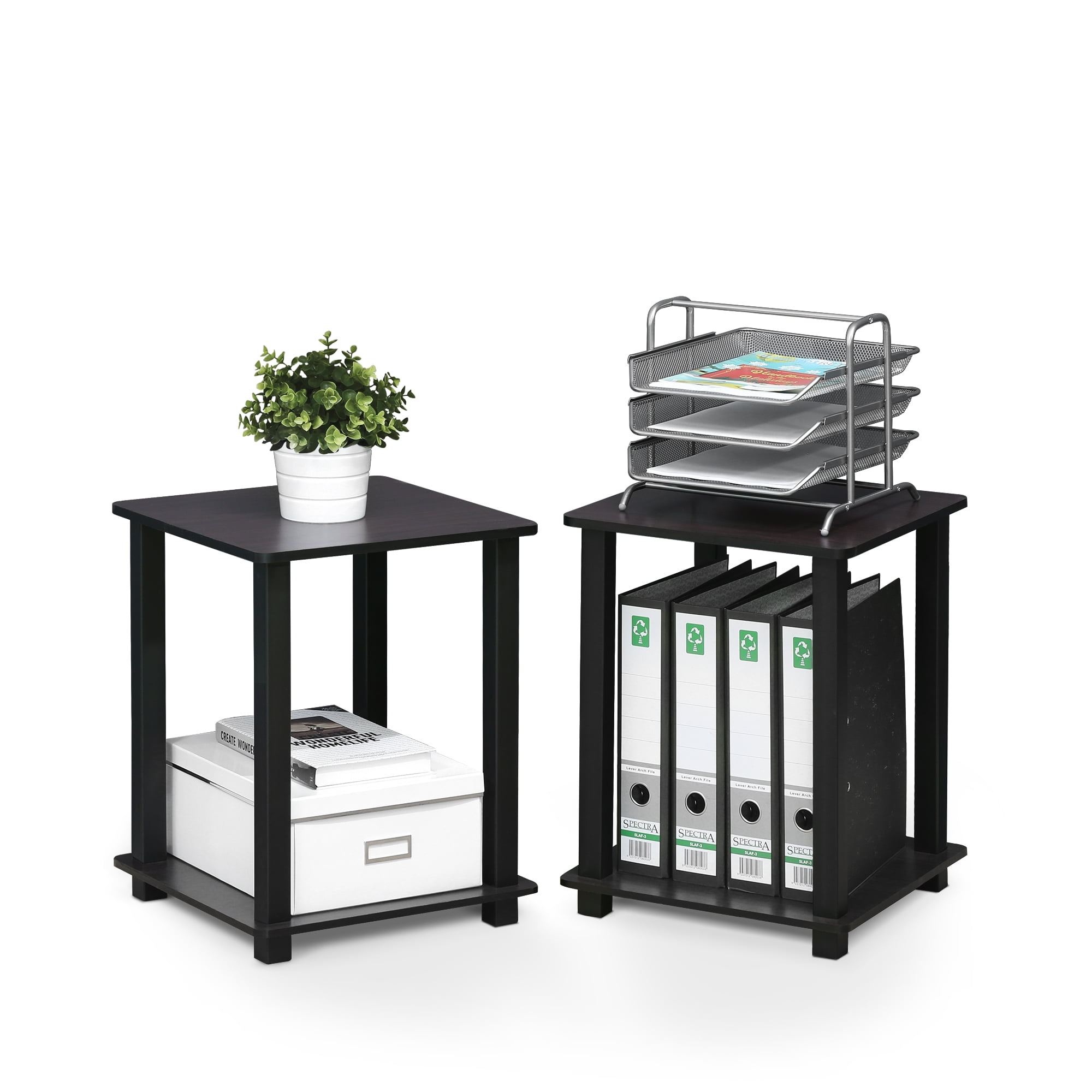 Furinno Simplistic End Table, Set of Two, Dark Walnut/Black