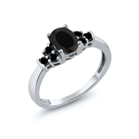 Topaz Onyx - 0.59 Ct Oval Black Onyx and Black Diamond 925 Sterling Silver Women's Ring