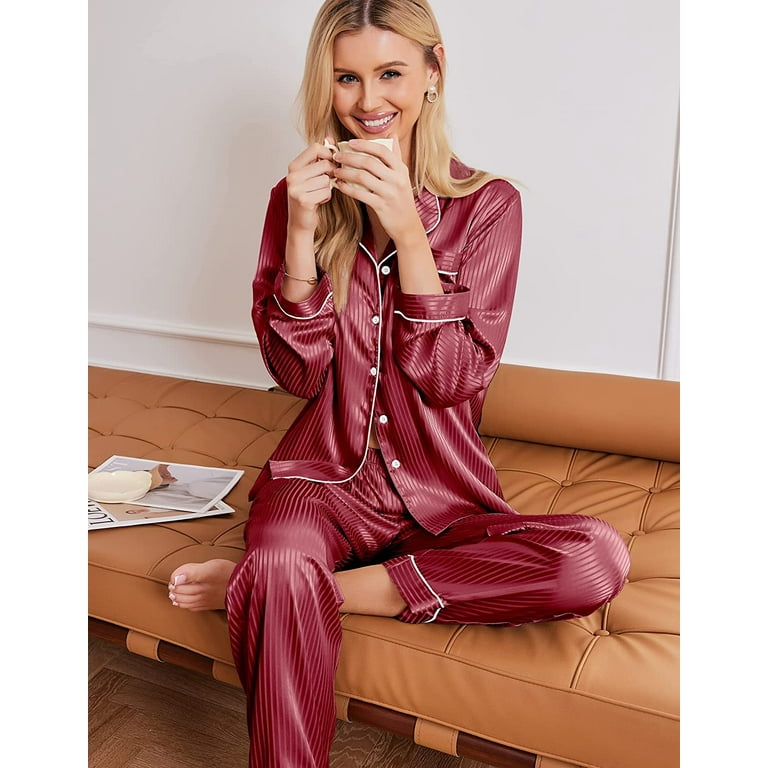 Ekouaer Women's Striped Satin Pajama Set 4 Pcs Silk Sleepwear Long