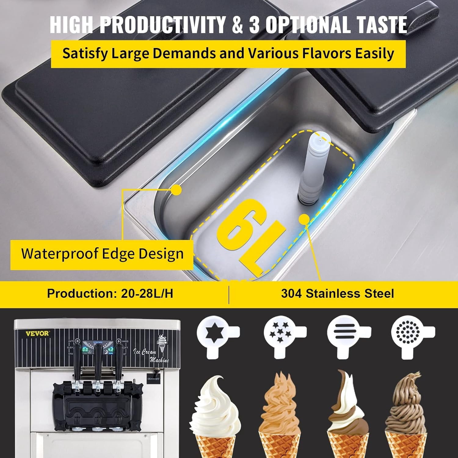 SIHAO Commercial Ice Cream Machine, 2200W Countertop Soft Serve Machine, 3 Flavors Ice Cream Maker, 5.3 to 7.4 Gallons per Hour Auto Clean LCD Panel