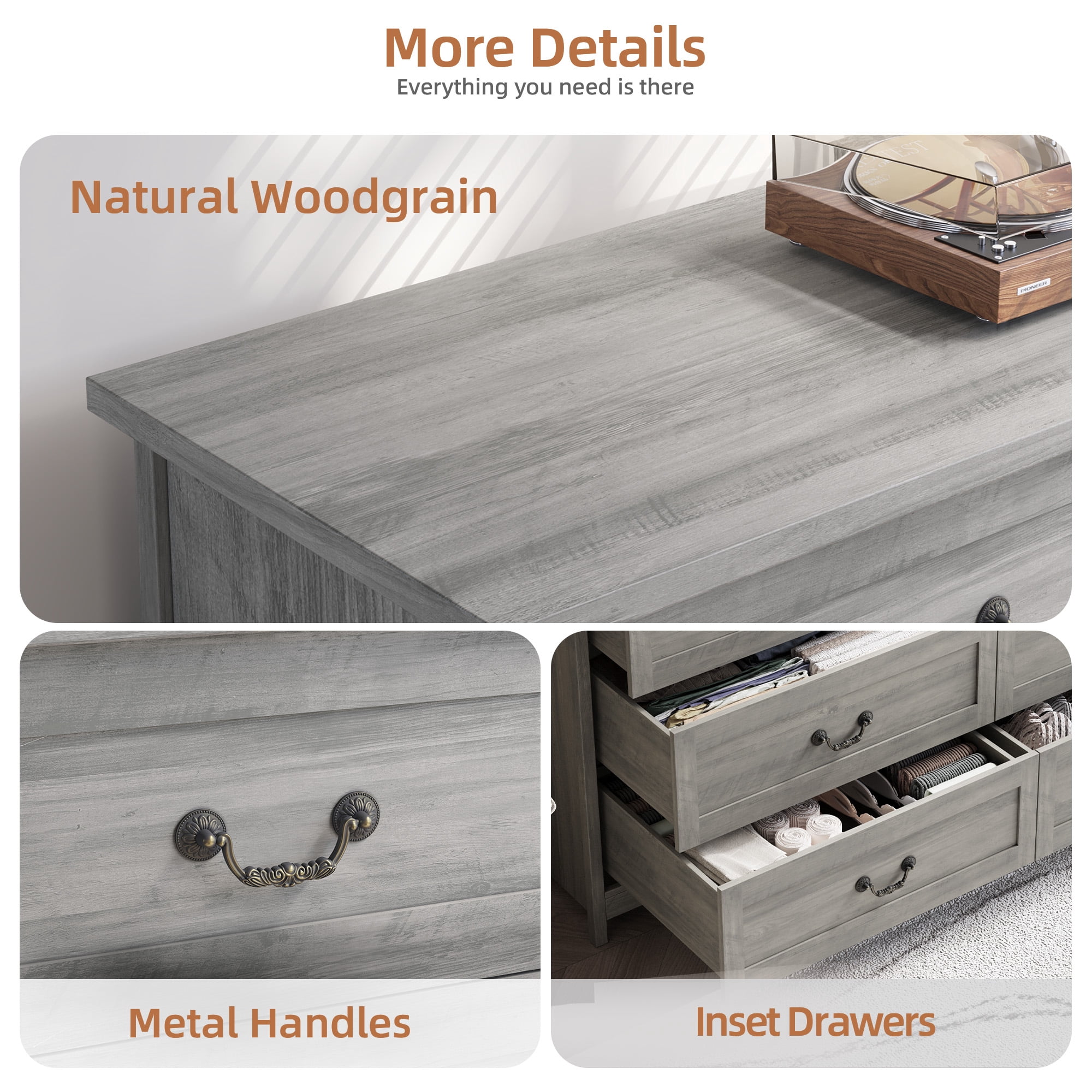 SUGIFT Modern 6-Drawer Dresser for Bedroom, Rustic Gray Finish