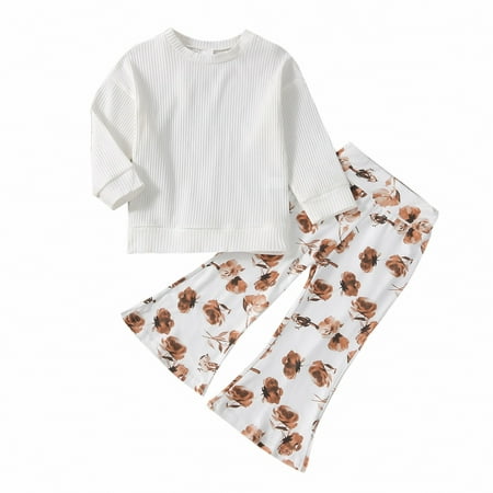 

KI-8jcuD 2Pc Outfits For Girls Toddler Kids Girls Long Leeve Solid Ribbed Tops Flower Print Pants Outfits Set 2Pcs Two Piece Outfits For Teen Girls New Stock Clothes Girl Outfit Boy Girl Matching Ou