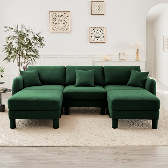 Living Room Sofas Boucle Fabric U Shape Sectional 3-seater Sofa Couch With Distinctive Shell-shaped Armrests And 2 Movable Ottomans,Cylindrical Legs Wrapped with Self-fabric,Green Color,Comfortable S