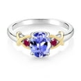 thumbnail image 3 of Gem Stone King 925 Silver and 10K Yellow Gold Oval Blue Tanzanite and Red Created Ruby Women Ring (1.26 Cttw, Size 5), 3 of 6