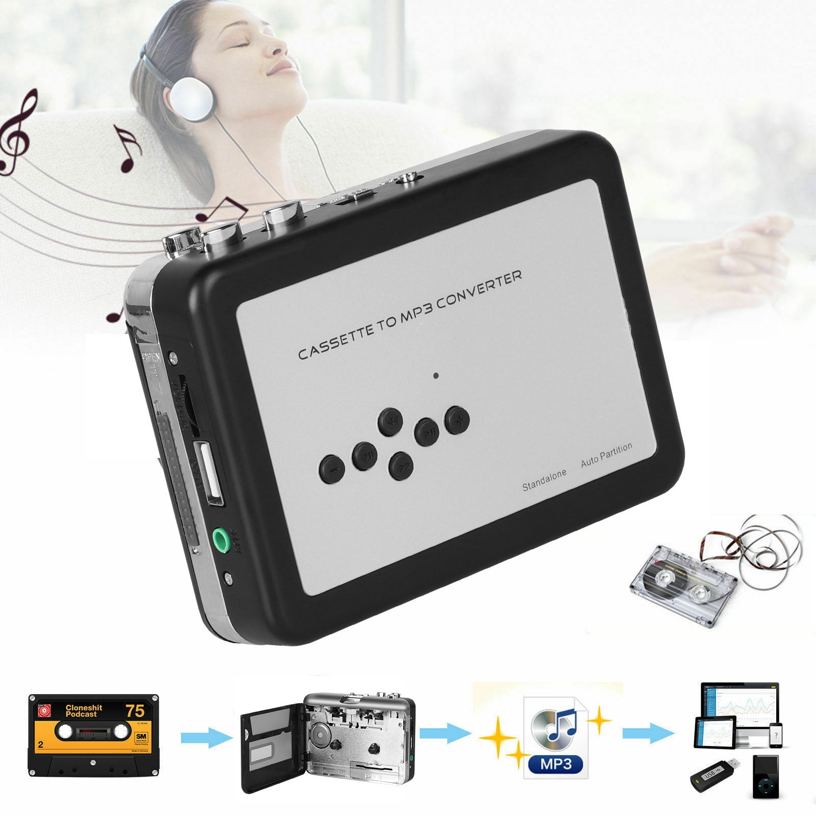 Dansrueus Untrained Cassette to MP3 Converter USB Cassette Player from Tapes to MP3 Converter Laptop PC and Mac Silver019