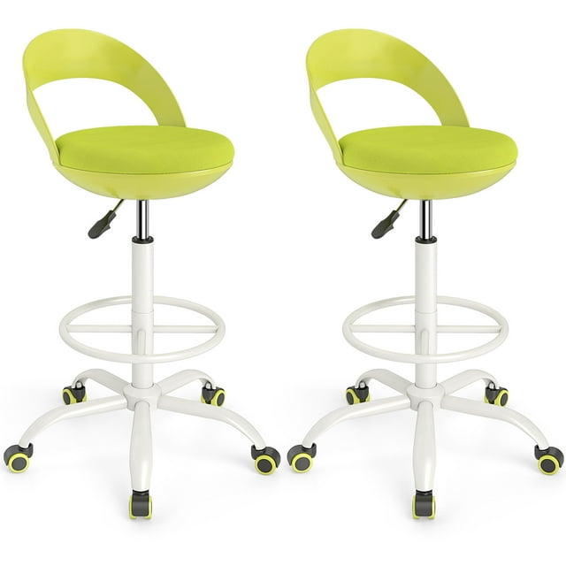 Gymax 2 Pcs Tabouret de Dessin Roulant Chaise de Bureau Haute avec Roues Dossier Bas Repose-Pieds Vert