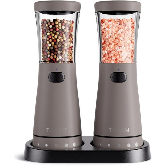 Tomeem Salt & Pepper Shakers/Mills Stainless Steel with Storage Base Electric Sea Salt and Black Peppercorn Mill Set with Adjustable Coarseness, Dark Grey