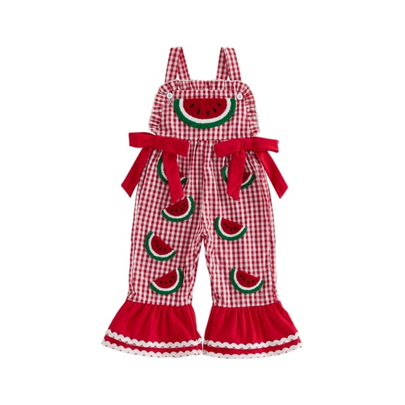 Cenuakty Little Girls 12M 18M 2T 3T 4T 5T Overalls Adorable Watermelon Flower Embroidery Sleeveless Square Collar Plaid Bell Bottoms Jumpsuit