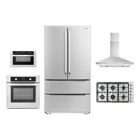 5 Piece Kitchen Package With 36" Gas Cooktop 36" Wall Mount Range Hood 24" Single Electric Wall Oven 24" Built-In Microwave Drawer & French Door Refrigerator