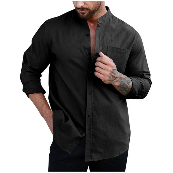 Maplenight Men's Shirts Cotton Stand Collar Button Down Long Sleeve Shirts Fall Winter Solid Color Loose Breathable Casual Tops with Pocket